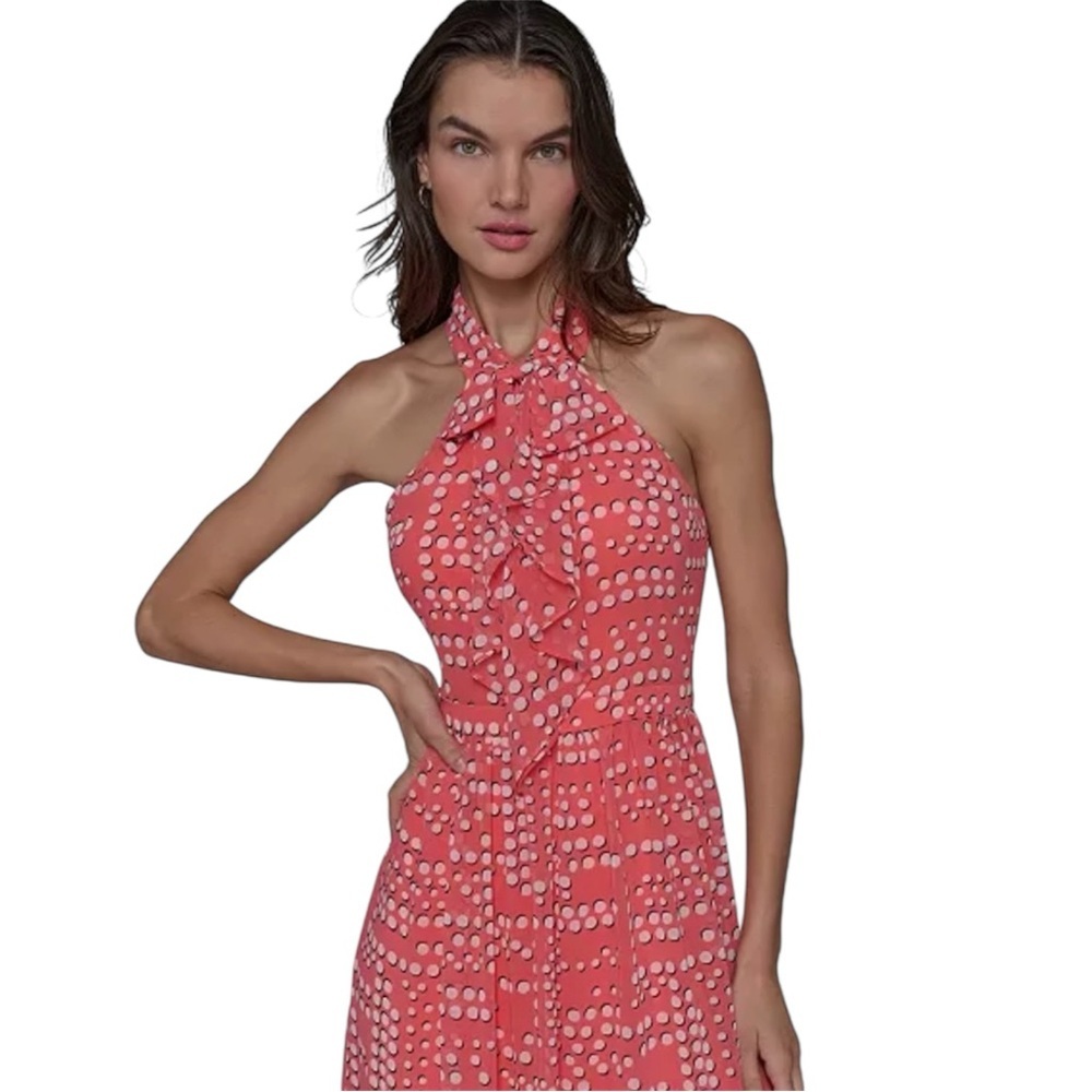 KARL LAGERFELD PARIS Bow-Neck Halter Midi Chiffon Dress Tangerine Size 6/8 NWT - Picture 3 of 14